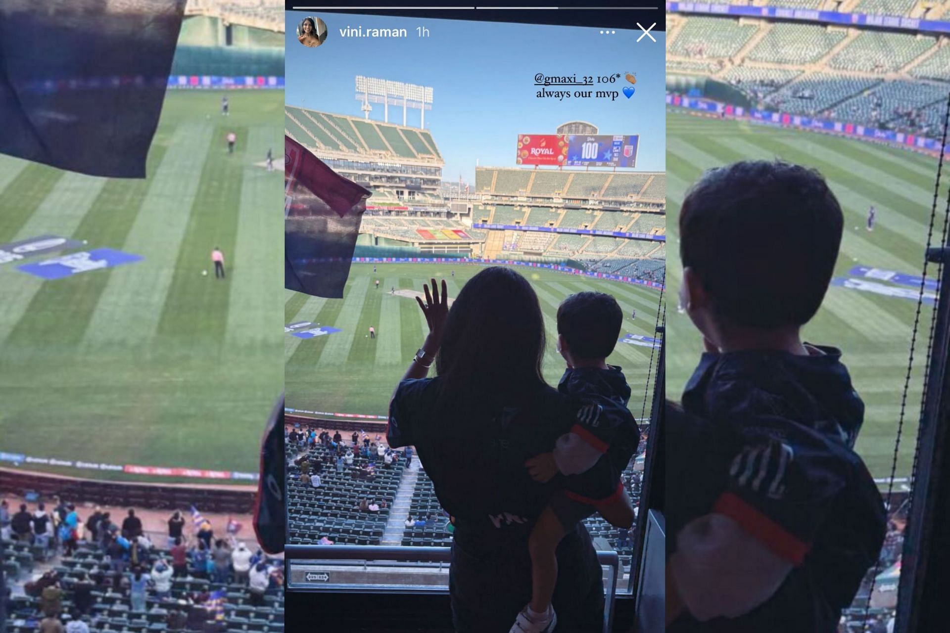 Glenn Maxwell’s wife & son applauds his 106* in WAF vs LAKR MLC 2025 match (Image via Instagram-@vini.raman)